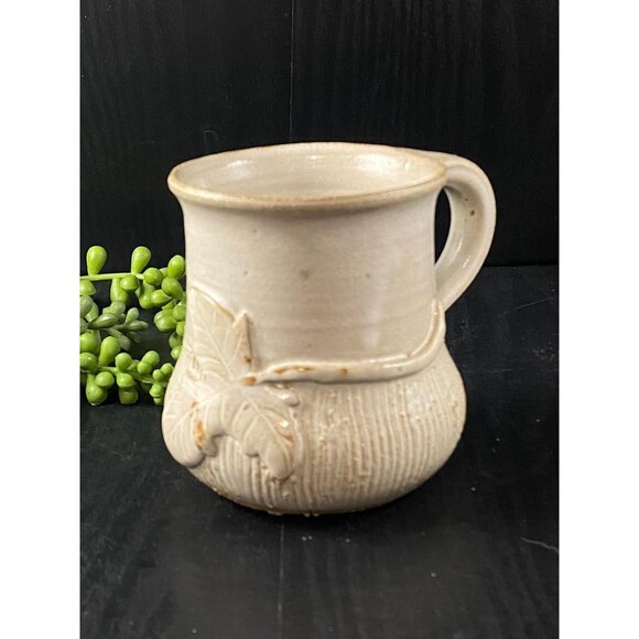 Studio Pottery Clay Mug JT Applied Leaf and Vine Design Cream Ribbed - Picture 1 of 9